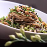 Side view of soba noodles in a white bowl, garnished with sesame seeds and chopped kale, perfect for a quick and cozy dinner.