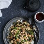 Fried tofu stir fry with broccoli and shiitakes.