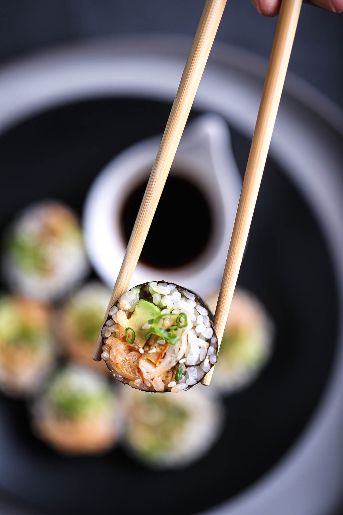 A closeup shot of vegan lobster sushi rolls.