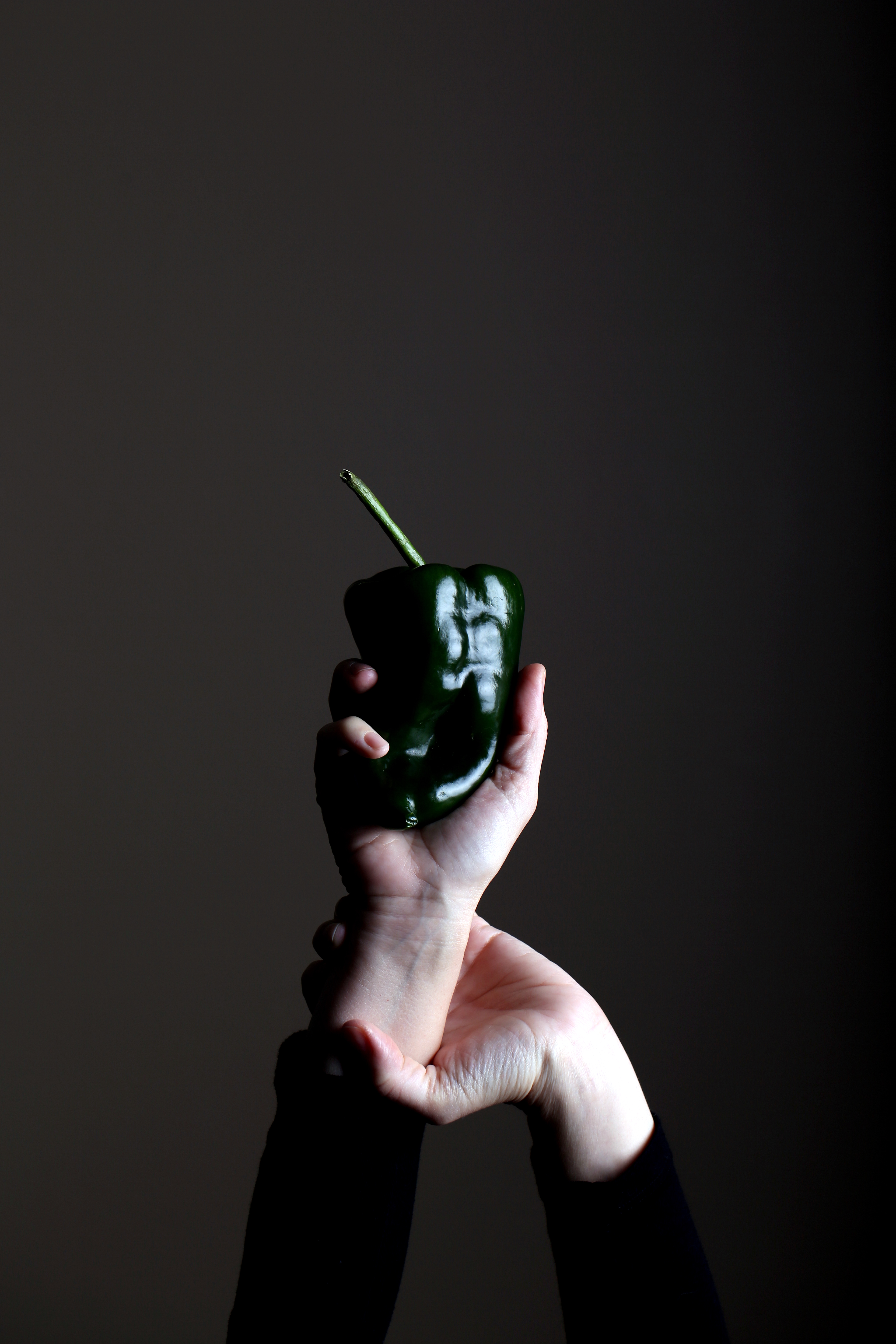 Two hands holding a poblano.