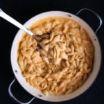 A skillet with vegan mac and cheese.