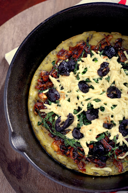 Socca Pizza Crust with Caramelized Shallots and Kale