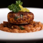 Sweet potato croquettes plated with sauce.