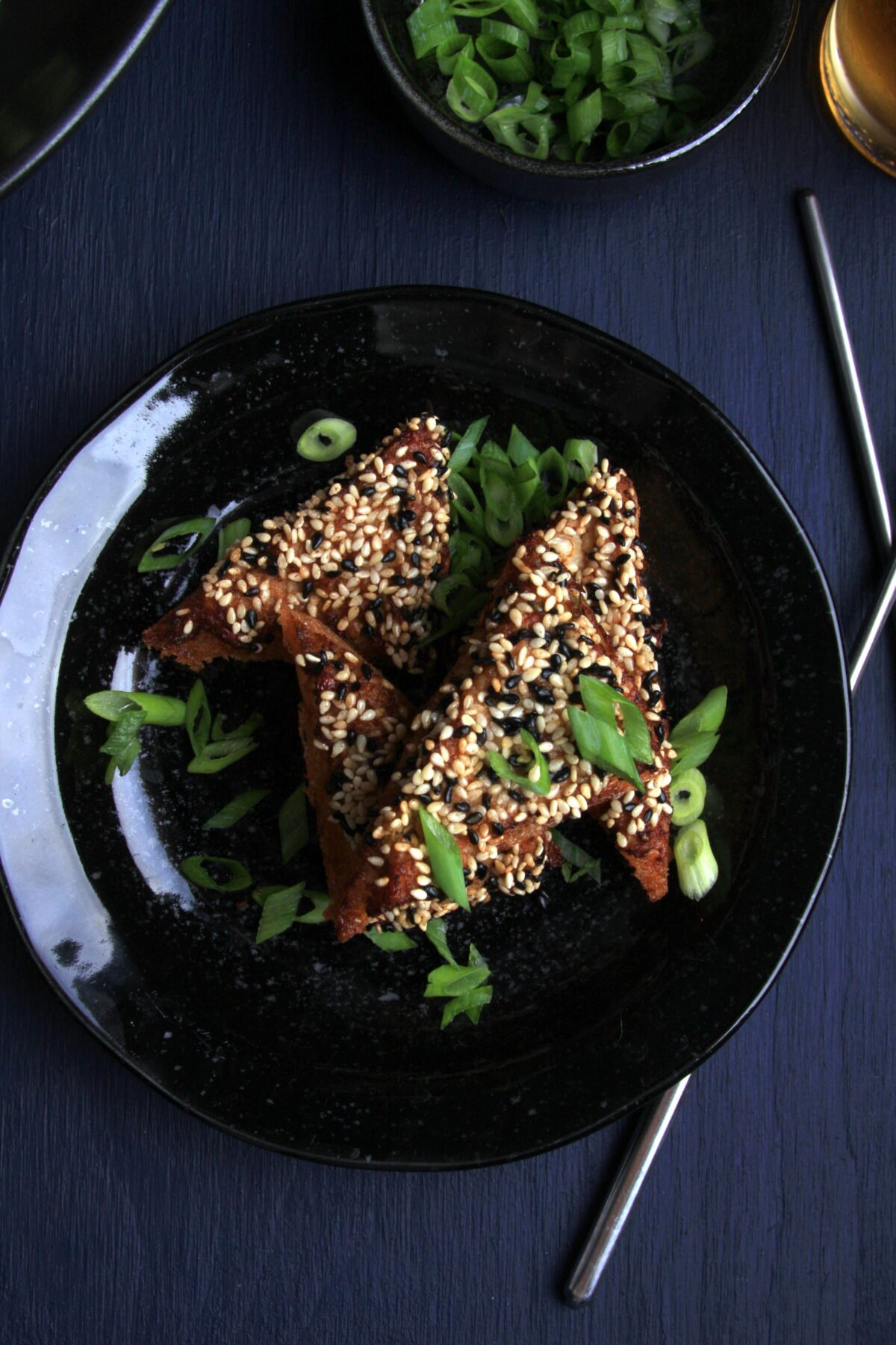 A plate of vegan shrimp toast.