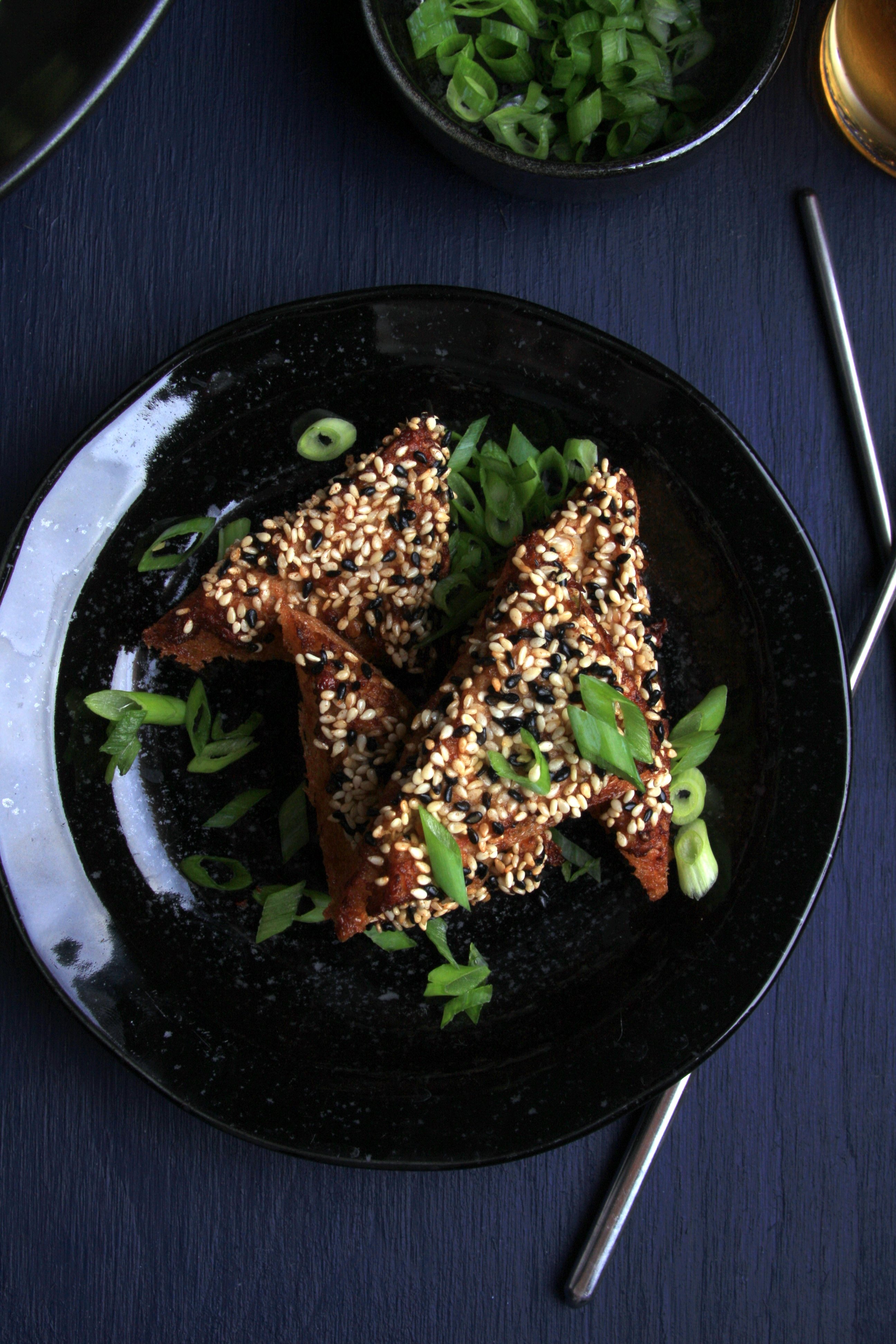 A plate of vegan shrimp toast.